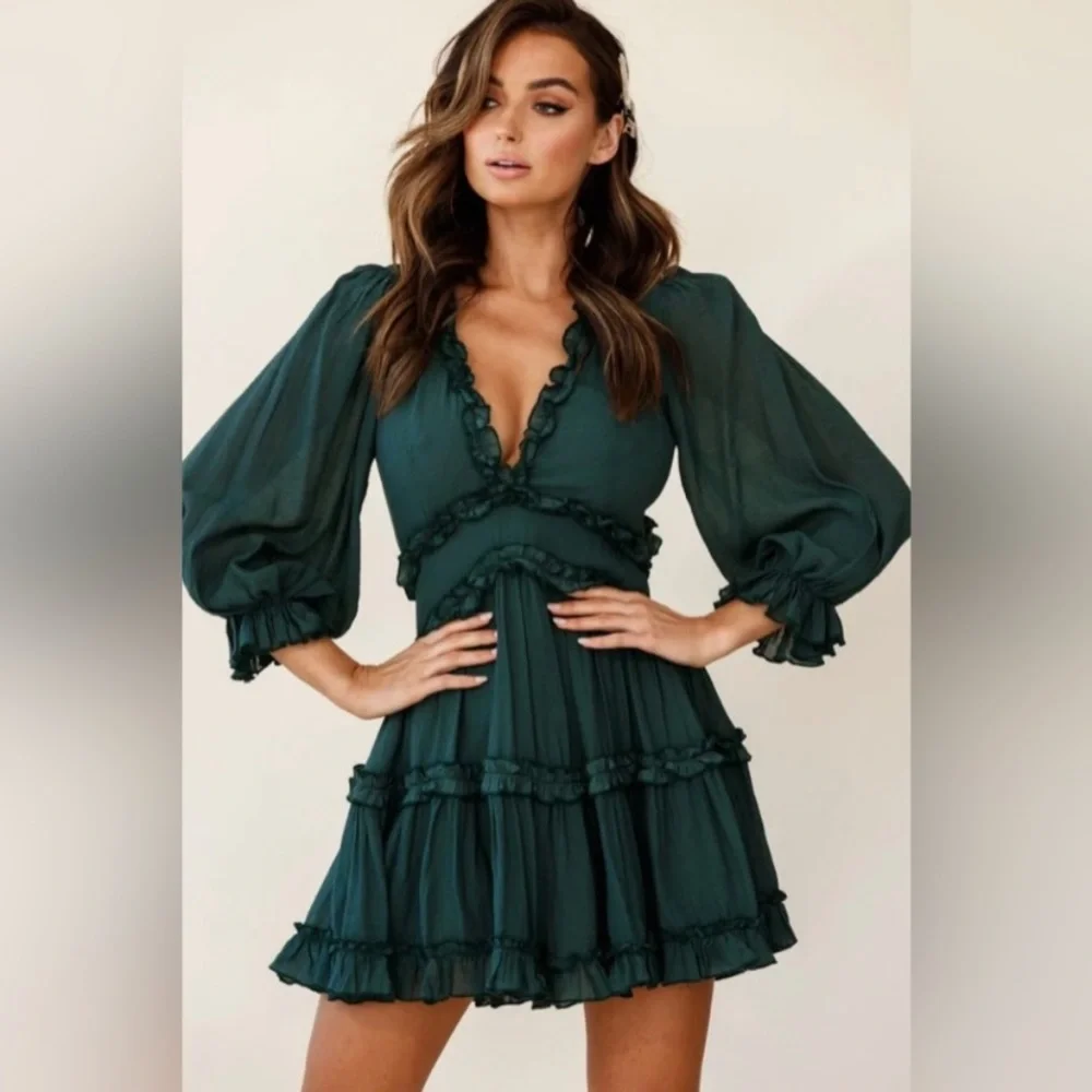 Angel Biba Emerald Green Cutout Back Long Balloon Sleeve Tiered Dress Size XS - Picture 1 of 7